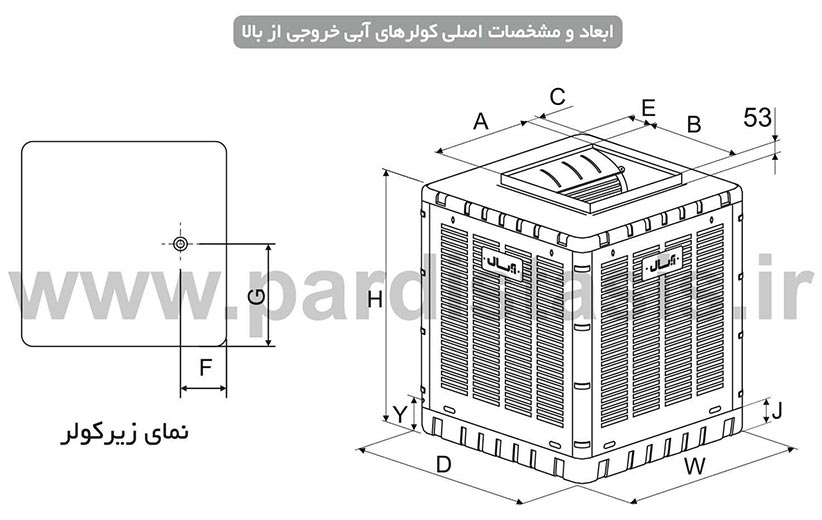 ابعاد و مشخصات اصلی کولرهای آبی آبسال - خروجی از بالا